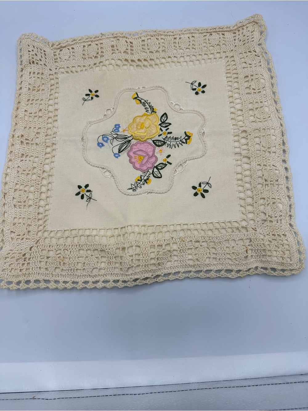 Vintage Crochet Floral Cottagecore Throw Pillow Cover Shabby Chic Embroidered